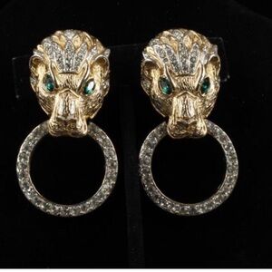 Les Bernard Signed Lion’s Head Door Knocker 2 3/8” Long Drop Dangle Earrings